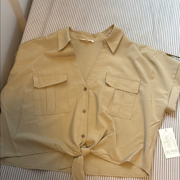 Lily Star Tops - Lily Star Cream Button Down Shirt with Tie Front and Notched Collar